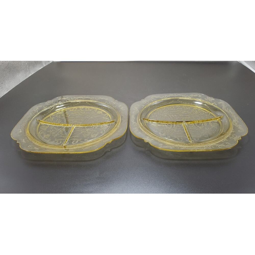 DEPRESSION GLASS FEDERAL MADRID AMBER YELLOW  10 1/4" Divided Plate Set of 2